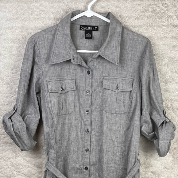 DIALOGUE Beachy Shirt Dress Linen Blend Small Petite Casual Chambray Tie Belt - Picture 2 of 14